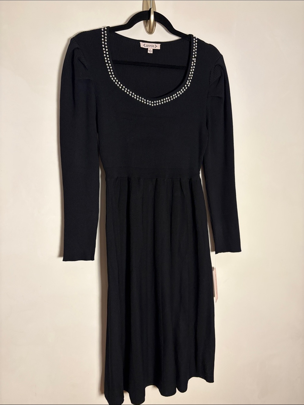 NWT Nanette Lepore Black Knit Long Sleeve Dress with Rhinestone Neck Medium